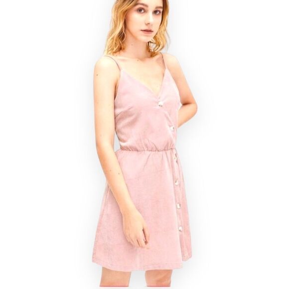 V Neck Straps Accordion Panel Elastic Waist Pink Corduroy Summer Mini Dress NEW - Picture 5 of 6